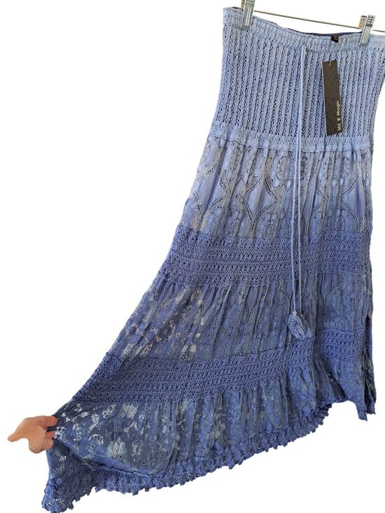 Me 2 Magic Dresses & Skirts - Boho Lace Maxi Skirt Blue  Crochet Elastic Waist Tassel Tie Flowy Womens L Gypsy